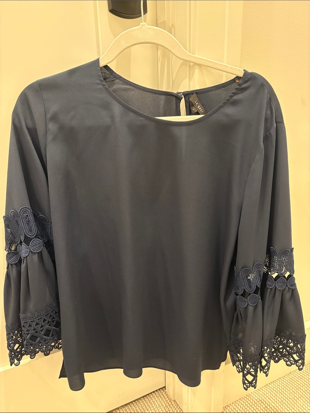 Navy Lace-Sleeve Round-Neck Blouse
